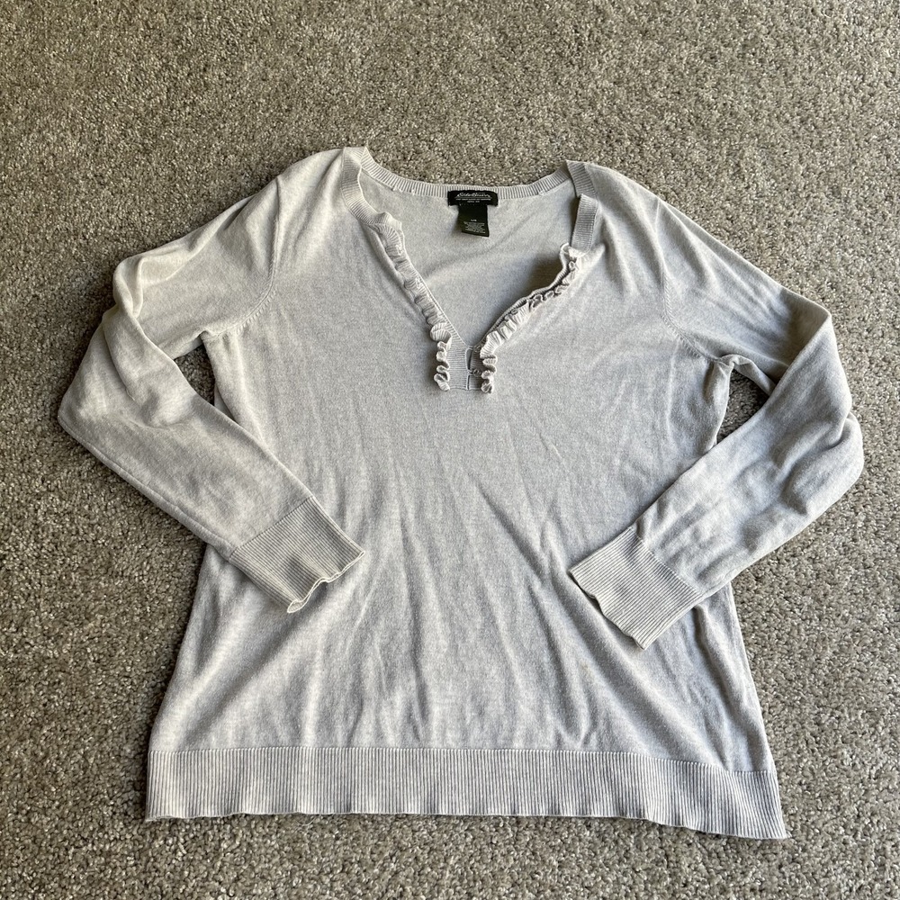 Eddie Bauer Sweater Womens L Gray Ruffle V Neck Long Sleeve Lightweight Pullover